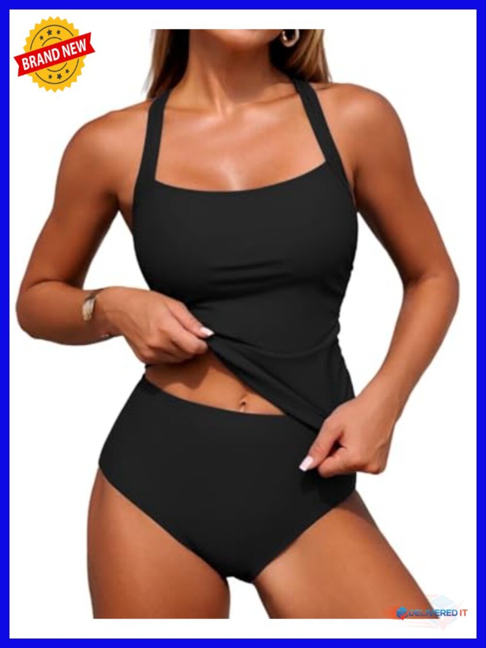 Tummy Control Tankini Set with High Waisted Bottom Square Neck
